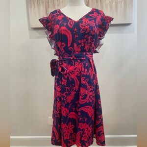 SHEIN Red and Blue Wrap Midi Dress with V-Neck and detachable belt